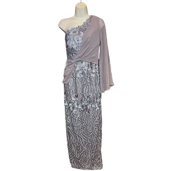 JS COLLECTIONS One Shoulder Embroidered Mesh Overlay Asymmetrical Gown in Steel - Picture 5 of 7